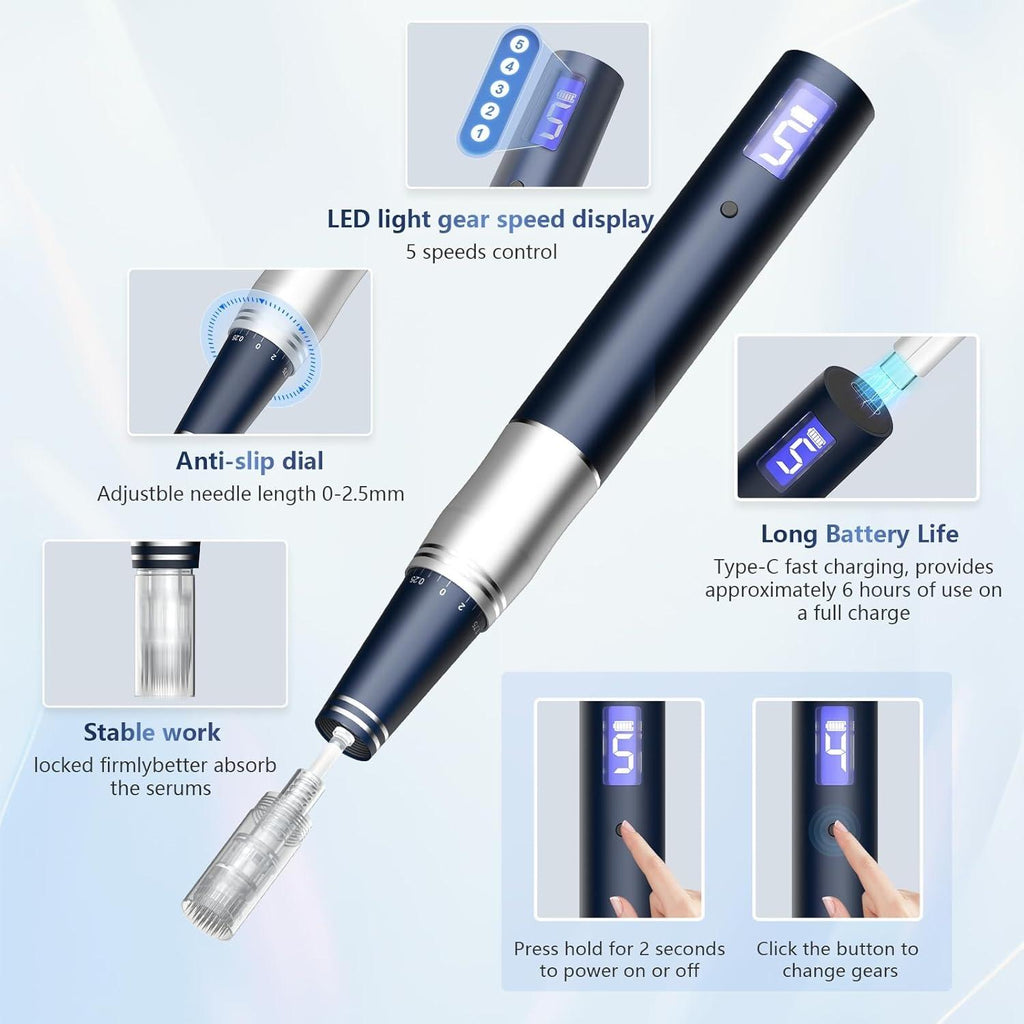 Rouclo Microneedling Pen with LCD Display, Dermapen, 5-Level Speed Control, Micro Needling Set, Includes 24 Needles, Derma Pen for Microneedling, Professional Electric Dermapen